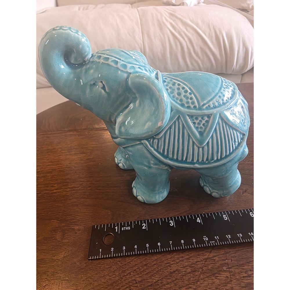 Turquoise Blue Crackle Glaze Ceramic Elephant Figurine Lucky Trunk Up 40612